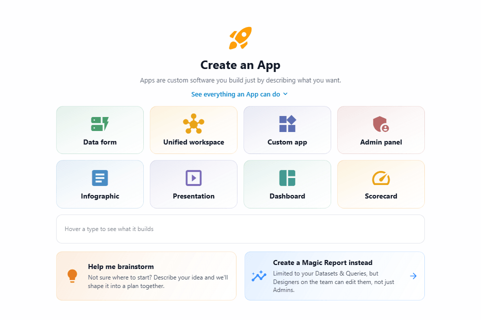 Informer App Builder: choose a data form, unified workspace, custom app, admin panel, infographic, presentation, dashboard, or scorecard, or describe your own