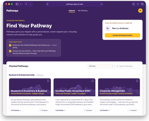 Career Pathways App at California Lutheran University: a student exploring charted Pathways, with their faculty mentor and next steps alongside
