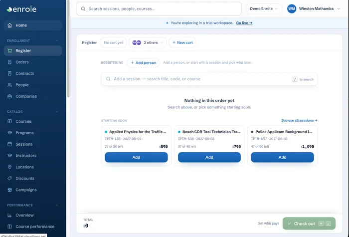 Enrole staff registration screen, where staff build an order for walk-in and phone registrations