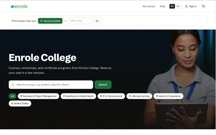 Enrole course catalog, where students search courses and browse programs by category